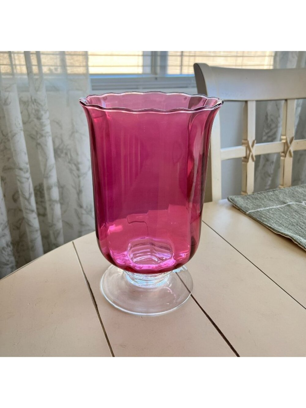 Cranberry Pedestal Handmade Flash Glass Vase Scalloped Top Ribbed 10"